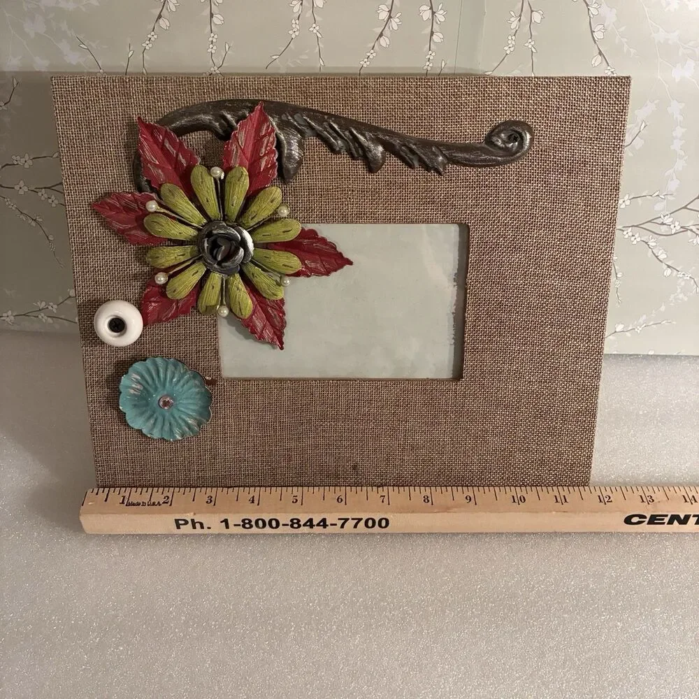 Picture Frame Wrapped In Burlap And Adorned W/ Metal Flowers & Knob. 4”x6” Pic.
